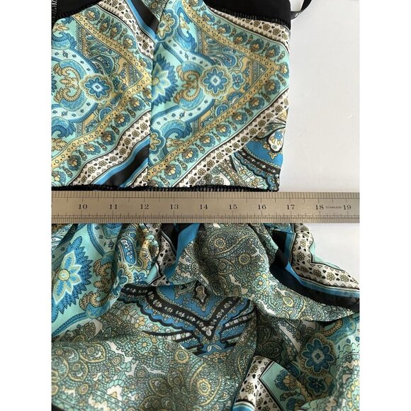 NWT BISOU BISOU Michele Bohbot Teal Scarf Tile Print Black Trim Maxi Dress 14 - Picture 15 of 15